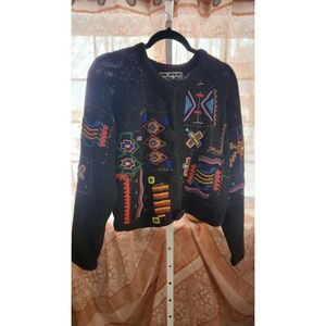 Vintage New York News Beaded Embroidered Chunky-Knit Cardigan Sweater L